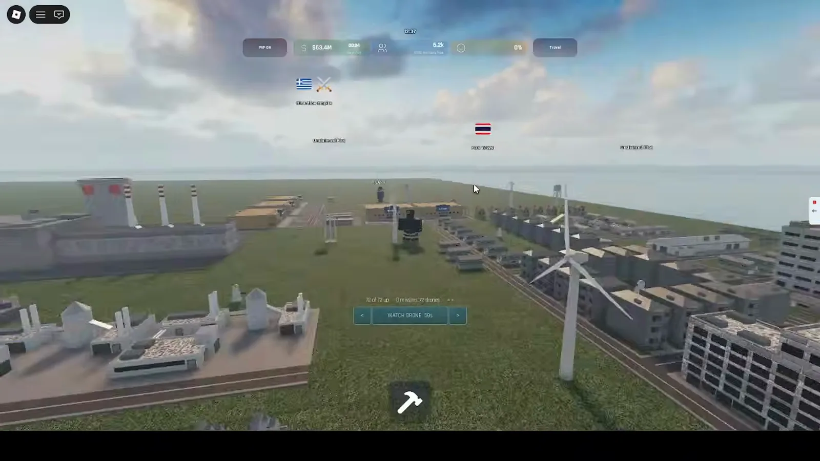 Build and Conquer Roblox base overview with cooling tower wind turbines water tower and HUD showing seventy-two drones active during an air raid test
