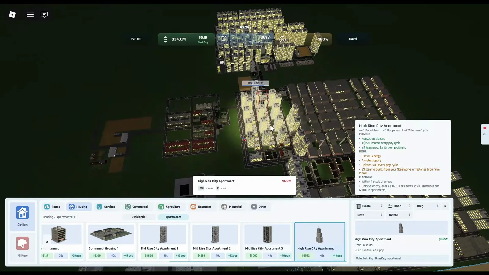 Build menu open to Civilian Housing Apartments with Mid Rise and High Rise cards visible while a grid of yellow-lit towers fills the background city.