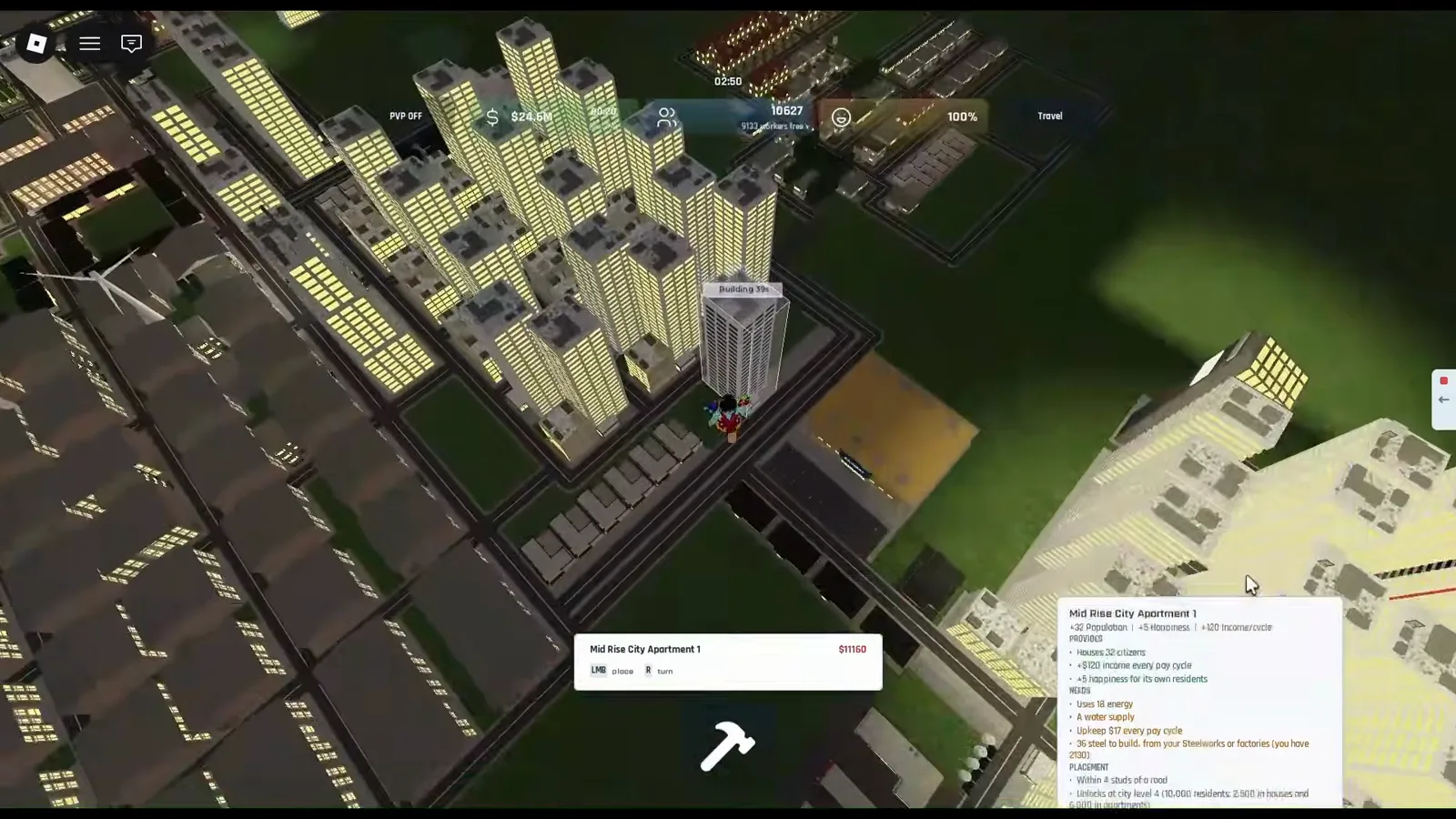 Transparent placement ghost for Mid Rise City Apartment 1 over a road grid, with a tooltip listing population, happiness, energy, water, steel cost, and city level unlock text.