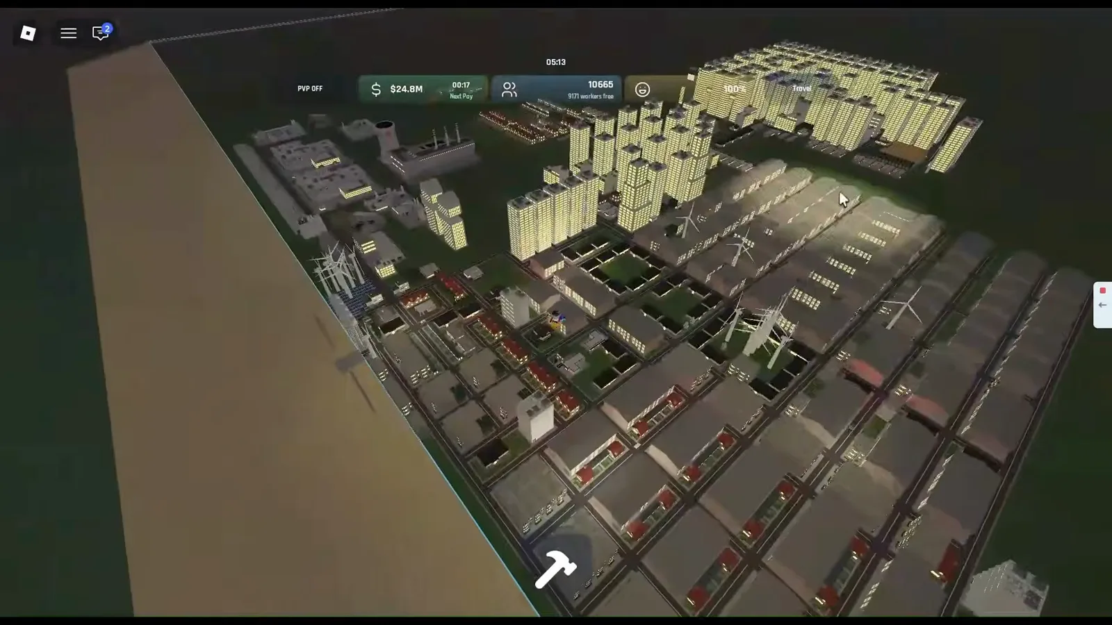 Build and Conquer Roblox nighttime grid with lit apartment towers on one side, grey industrial warehouse rows on another, and wind turbines along the industrial belt.