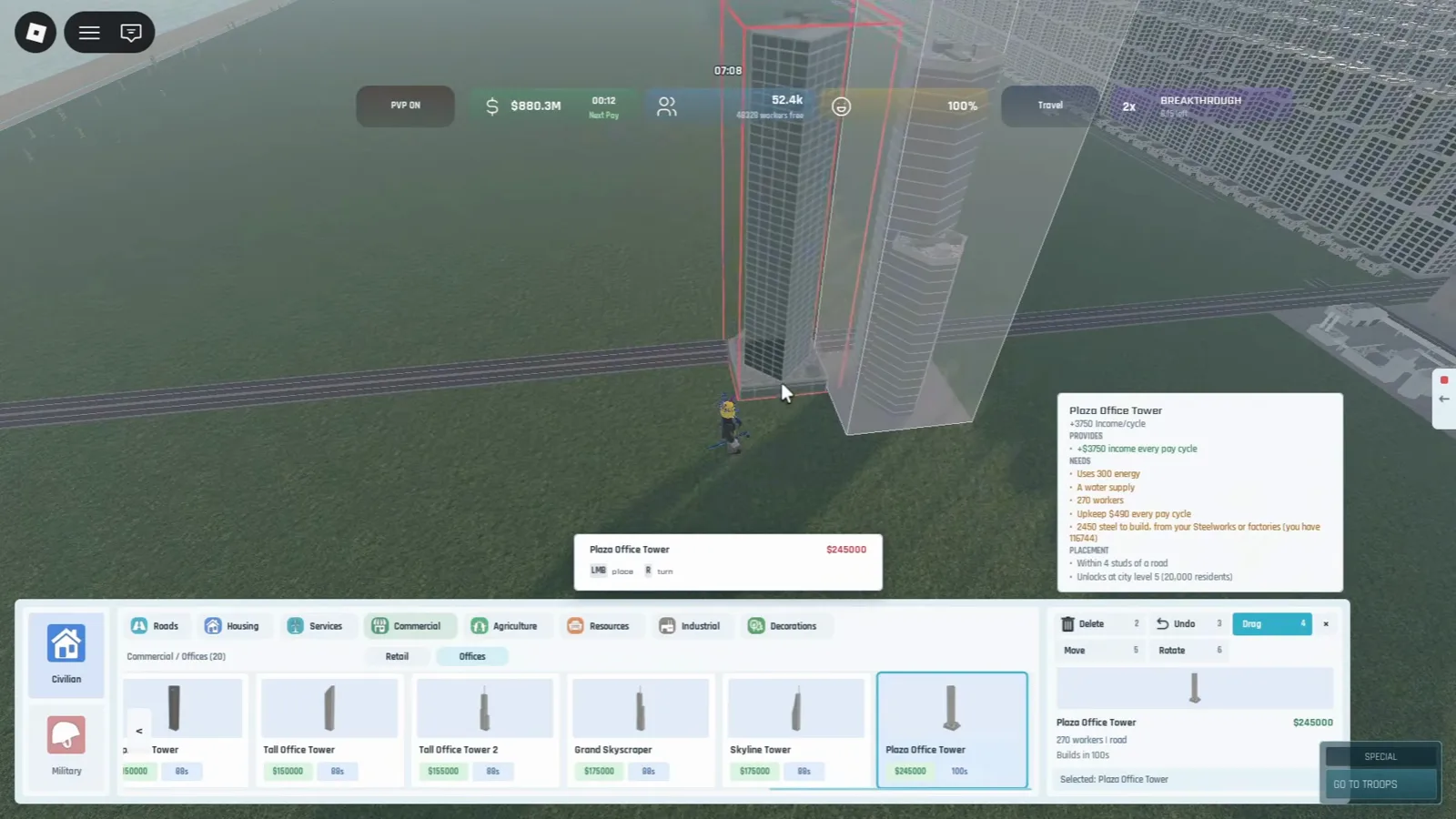 Build and Conquer Roblox Plaza Office Tower commercial card unlocking at city level 5 with 20000 residents and 245000 price in build bar