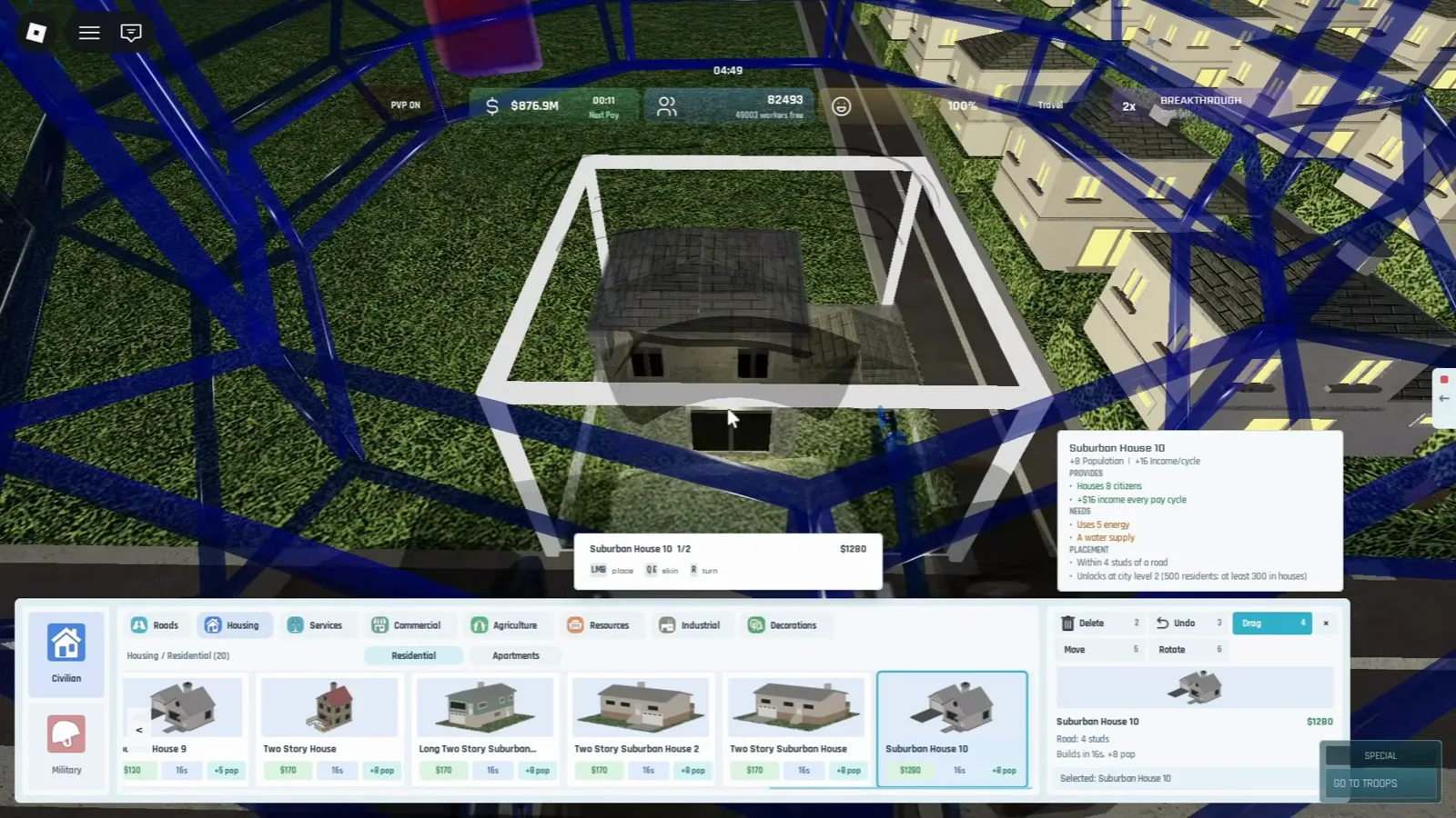 Build and Conquer Roblox Suburban House 10 tooltip with Drag tool selected showing unlock at city level 2 with 500 residents and 300 in houses plus 1280 cost