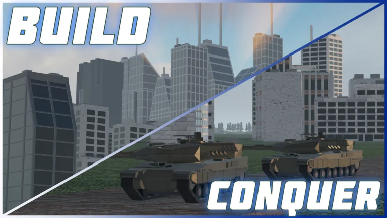Roblox Build and Conquer promotional BUILD and CONQUER thumbnail used to recognize the correct experience listing in search results.