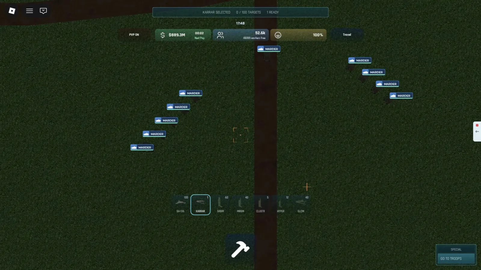 Build and Conquer Roblox KARRAR selected on the munitions bar with zero of one hundred targets and one ready above Marder units on a grass field