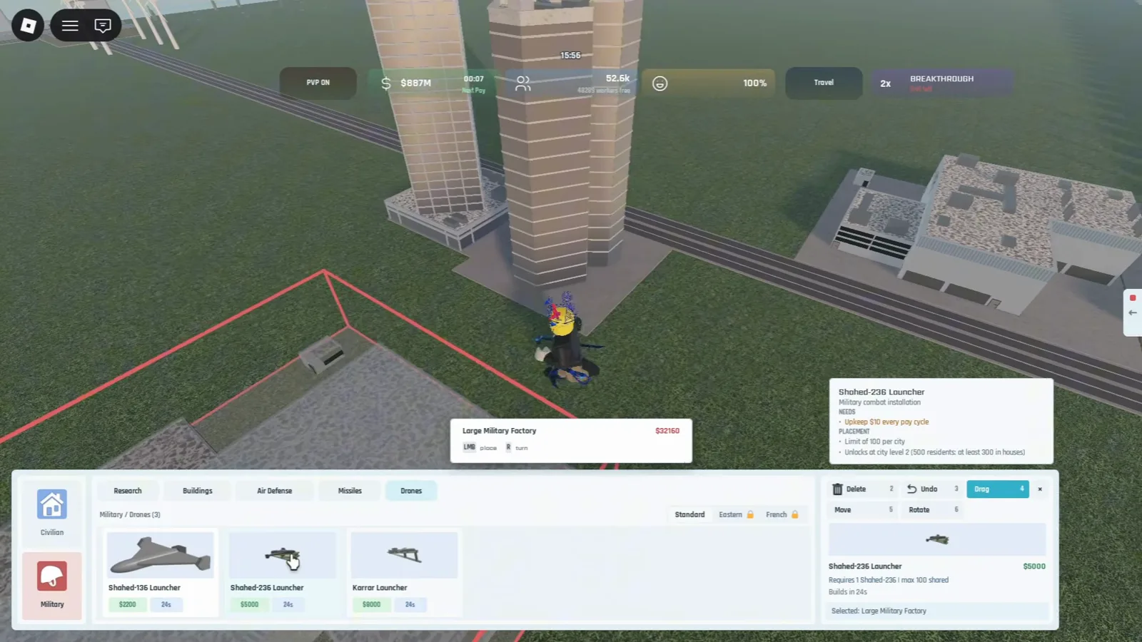 Build and Conquer Roblox Military Drones build tab with Shahed-136 Shahed-236 and Karrar launcher cards upkeep and city level tooltip visible