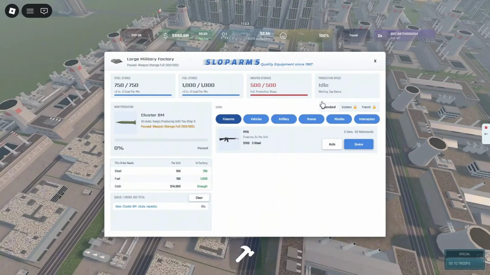 Build and Conquer Roblox Large Military Factory UI showing Weapon Storage Full 500 of 500, steel 750 of 750, fuel 1000 of 1000, and Cluster BM production paused at 0 percent.