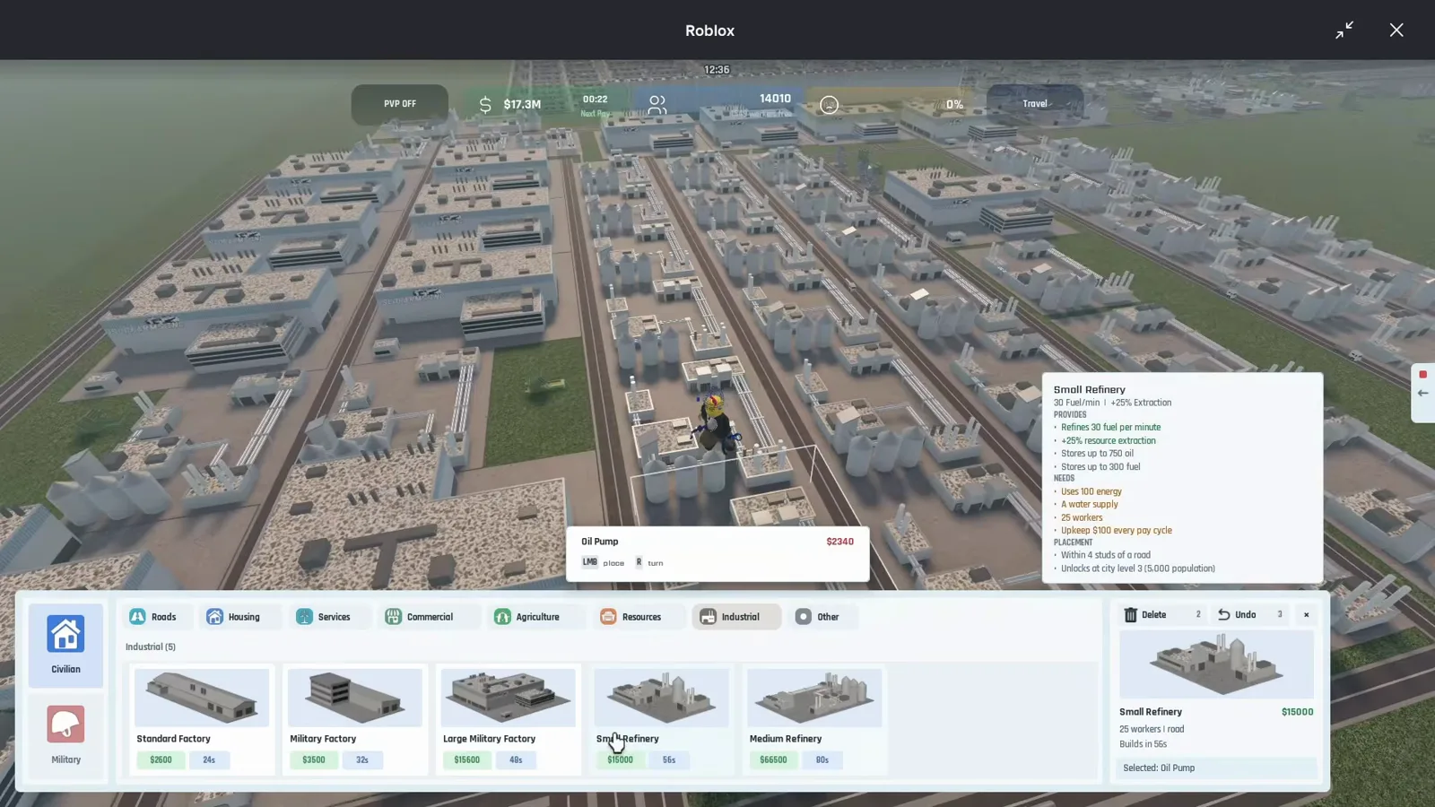Industrial build tab highlighting Small Refinery with tooltip for fuel per minute, worker count, and level 3 population requirement.