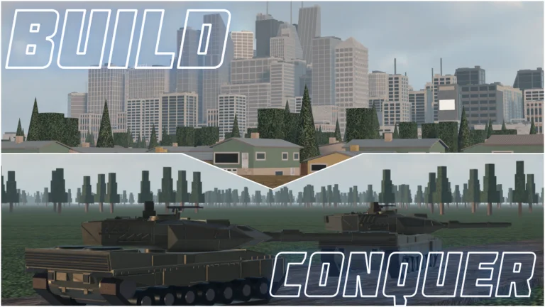 Roblox store-style BUILD and CONQUER thumbnail with city BUILD half and tank CONQUER half used as listing art reference.