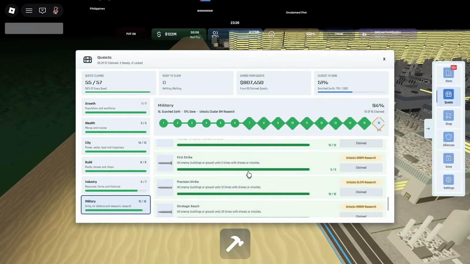 Build and Conquer Roblox Quests menu on Military tab listing First Strike through Strategic Reach with SRBM GLCM and MRBM research rewards claimed