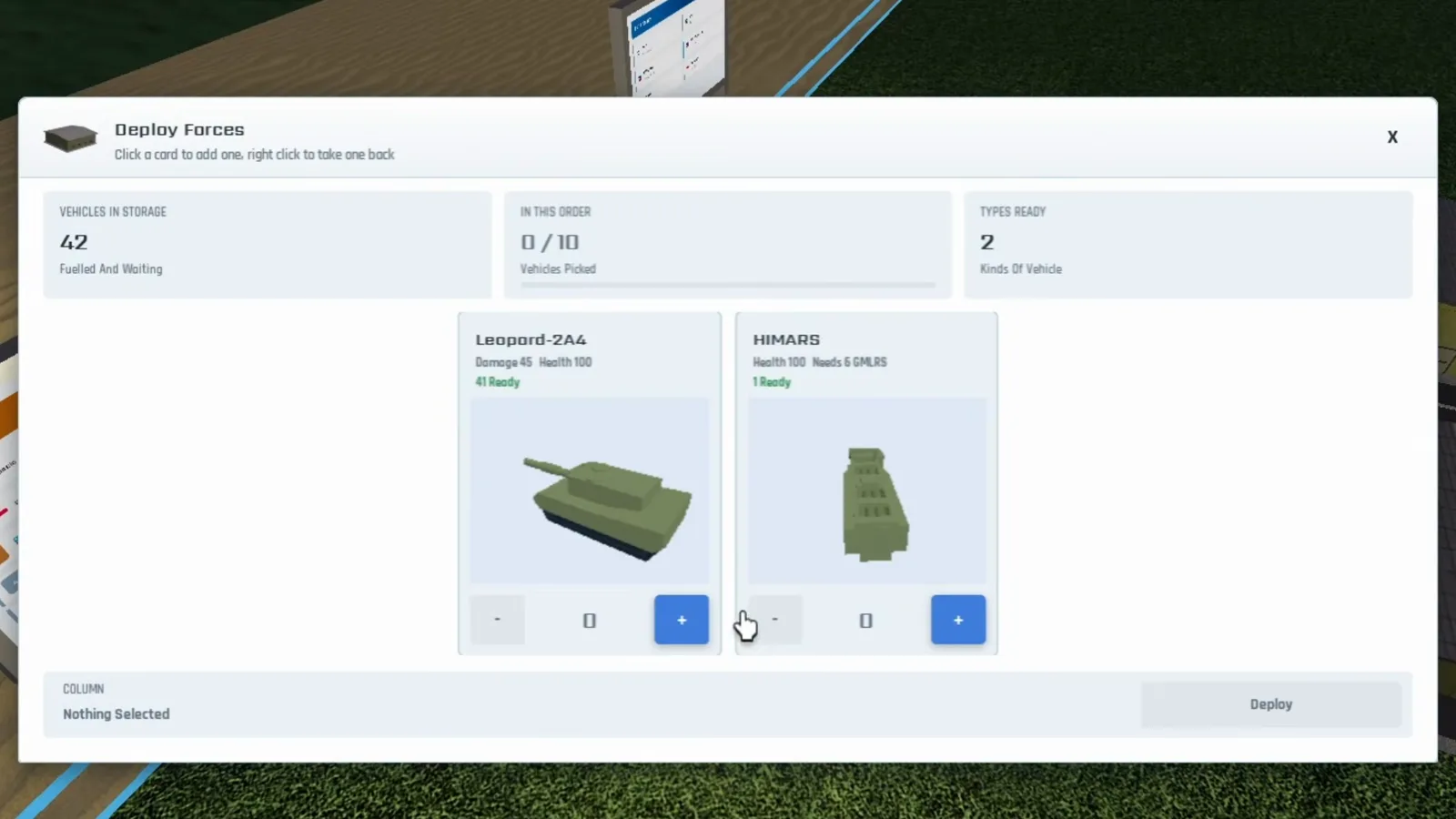 Deploy Forces UI listing Leopard-2A4 tanks and a HIMARS requiring GMLRS ammo, with 0 of 10 vehicles picked for deployment.