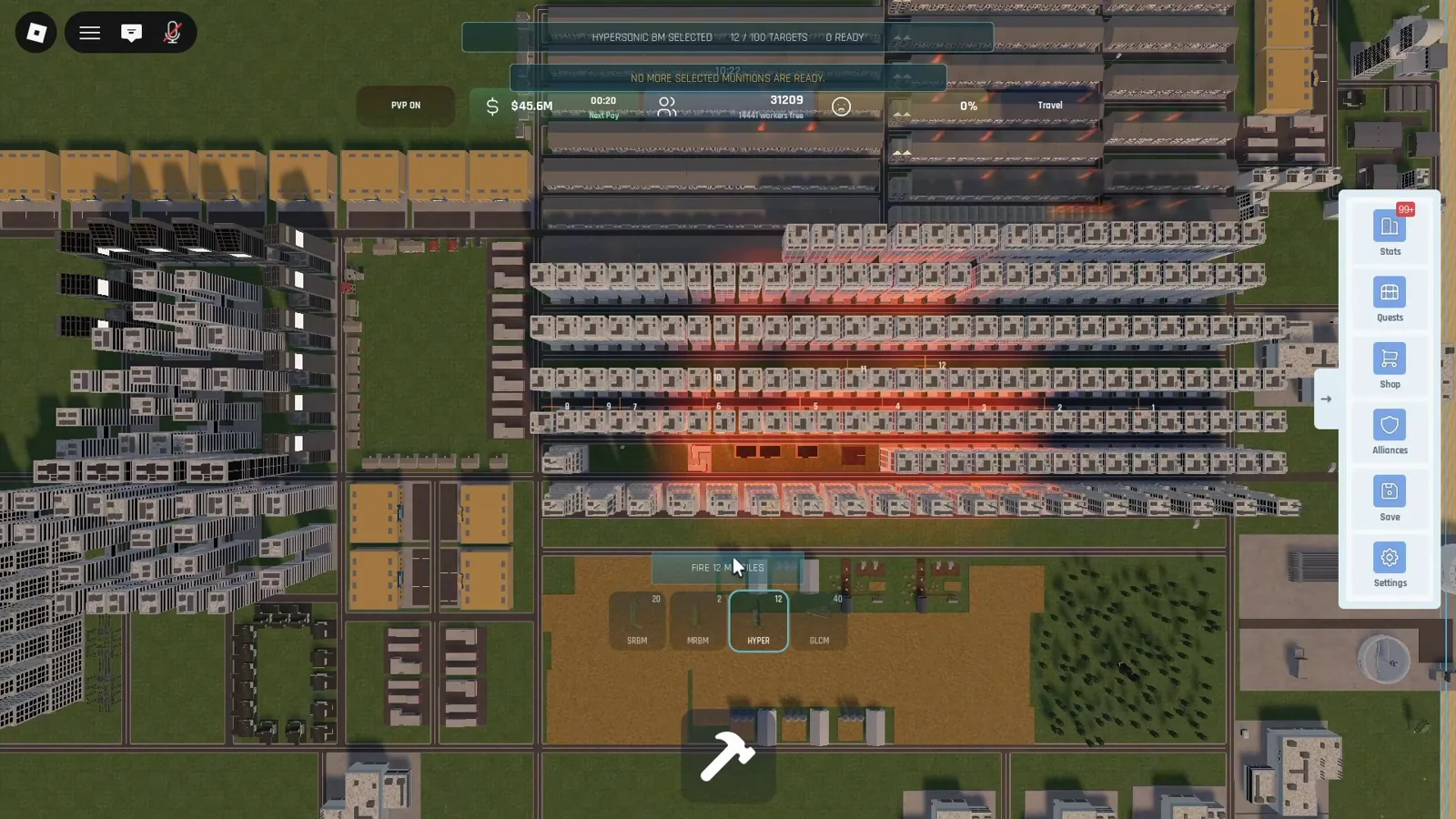 Top-down city with HYPERSONIC BM selected, FIRE 12 MISSILES button, and HUD text showing 12 of 100 targets with PVP ON.