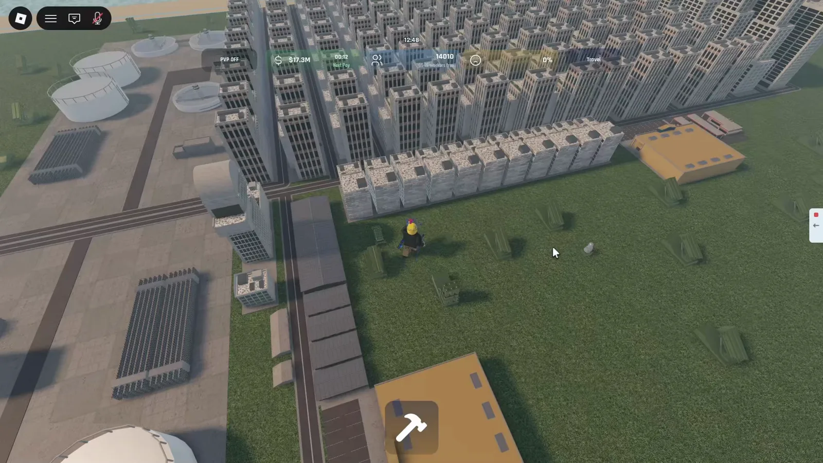 Aerial view of a dense high-rise district with $17.3M cash, 14010 population, and 0% happiness and power icons visible in the HUD.