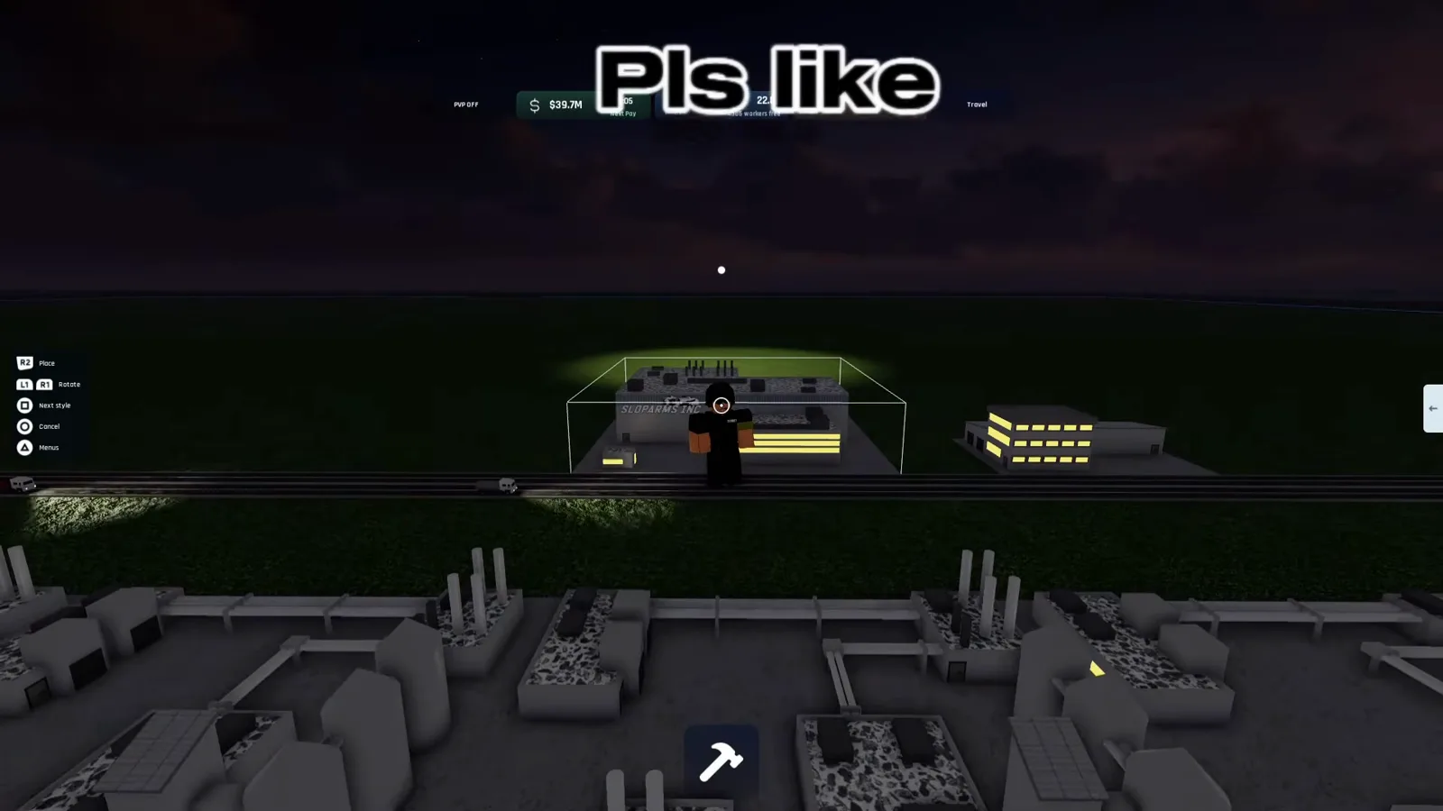 Build and Conquer Roblox night scene placing Slop Arms Inc large factory footprint beside road with industrial chimneys in foreground