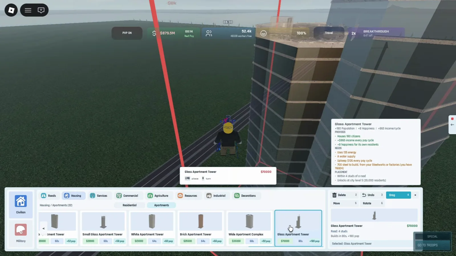Build and Conquer Roblox Glass Apartment Tower info panel showing 135 energy use water supply upkeep and steel construction cost