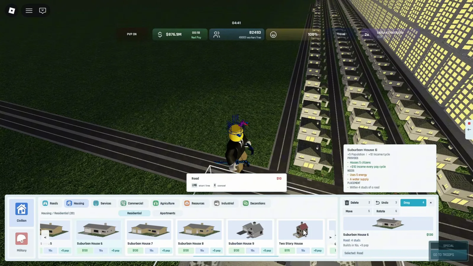 Build and Conquer Roblox suburban house tooltip listing five energy use and a water supply requirement plus road placement rule